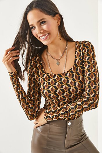 Olalook Women's Retro Brown Square Collar Front Double Layer Lycra Blouse BLZ-19002183