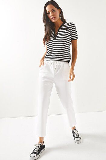 Olalook Women's White Elastic Waist Pocket Carrot Pants PNT-19000203