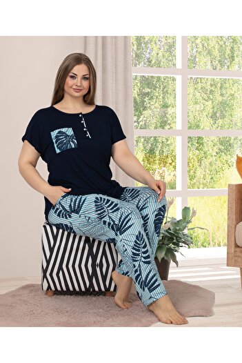 Yenimodam Blue - Navy Blue Color and Flower Patterned Lady-10860 Women's Short Sleeve Large Size Pajama Set