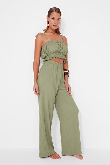 Trendyol Collection Green Woven Ruffle Blouse Pants Set TBESS23AU00113