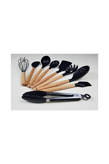 morponi 9 Piece Bamboo Handle Silicone Ladle Spatula Kitchen Set Black