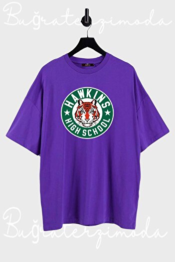 Buğraterzimoda Hawkins Hıgh School Друкований велосипедний комір Вінтажний фіолетовий Oversize T-shirt