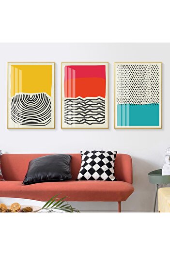 Linacci Set de pictură din sticlă cu cadru triplu auriu, galben, albastru, negru, design elegant