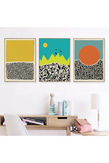 Linacci Set de picturi pe sticlă cu cadru metalic auriu triplu, cu muntele soarelui abstract
