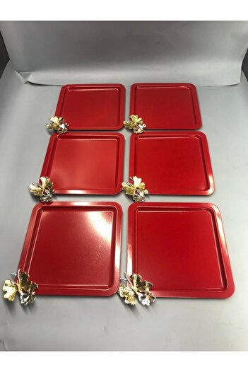 Mira züccaciye Stainless Steel Square 6-Piece Red Coffee, Tea, Decorative Presentation Serving Tray with Luxury Butterfly Accessories