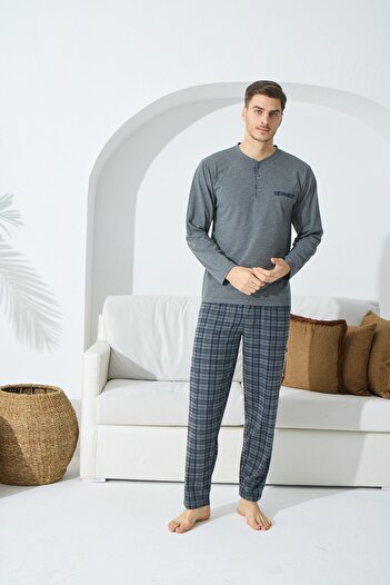 KLY Men's Long Sleeve Midi Collar Anthracite Pajama Set 9c2t2n3