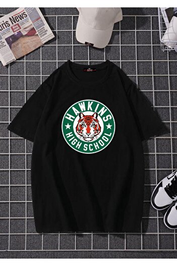Buğraterzimoda Hawkins Hıgh School Надрукований велосипедний комір Вінтажний чорний Oversize T-shirt