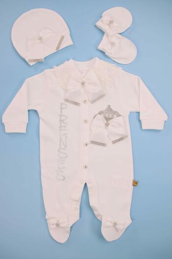 AMORE White 3-Piece Baby Rompers Set with Ribbon Detail and Stone Embroidery