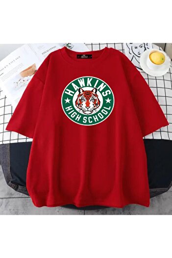 Buğraterzimoda Hawkins Hıgh School Надрукований велосипедний комір Вінтажний червоний Oversize T-shirt