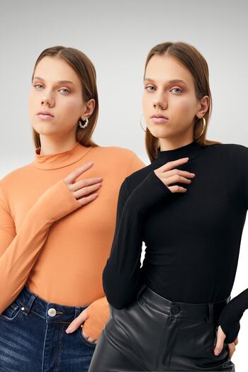 Bipantolon Women's Salmon Black 2-Piece Finger Detailed Bodysuit