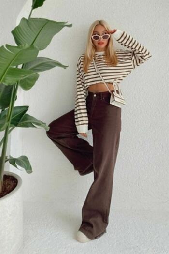 Trn JNS My Brown Lycra Super High Waist Loose Jeans Palazzo Trousers. (SUPER HIGH) Wide Leg