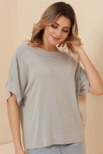 VEGENZE Women's Gray Boat Neck Oversize Fine Knit Blouse