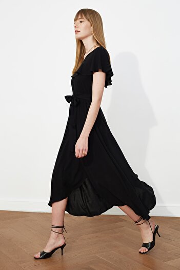 Trendyol Collection Rochie maxi țesută cu decolteu în V asimetric cu brâu negru TWOSS19OS0030