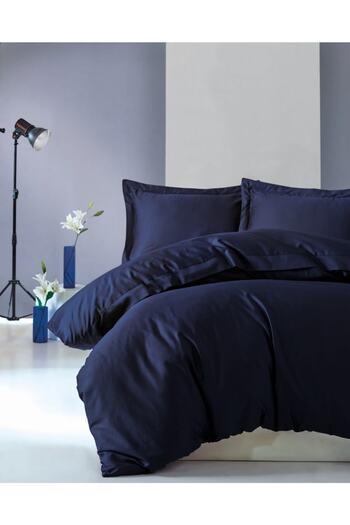 Paradise Plain Double Duvet Cover Set Navy Blue - 100% Cotton 62 Wire Sheet Elastic Plain Duvet Cover Set