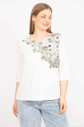 Şans Γυναικεία μπλούζα Bone Plus Size Βαμβακερό ύφασμα εμπρός εμπριμέ 65n35708