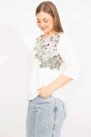 Şans Γυναικεία μπλούζα Bone Plus Size Βαμβακερό ύφασμα εμπρός εμπριμέ 65n35708