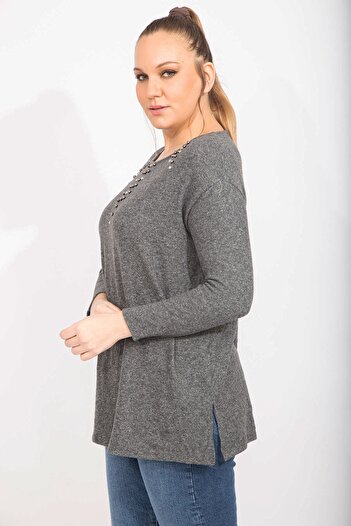 Şans Γυναικεία Smoked Plus Size Stone Μπλούζα με λεπτομέρεια μαλλί βισκόζης 65n35738