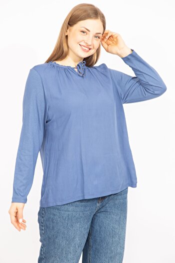 Şans Γυναικεία Indigo Plus Size Γιακάς Λεπτομερής Μπλούζα 65n35717