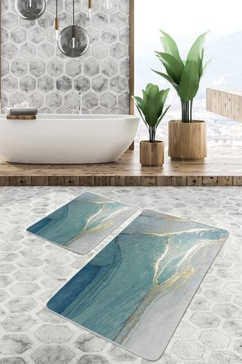 Realhomes Gold Patterned Modern Simple & Stylish 2-Piece Bathroom & Kitchen Mat Set with Marble Motif on Turquoise Floor