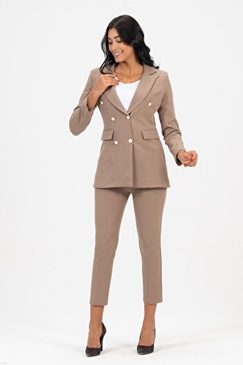 diaves Women's Blazer Jacket Belted Pocket Pipe Leg Trousers Set