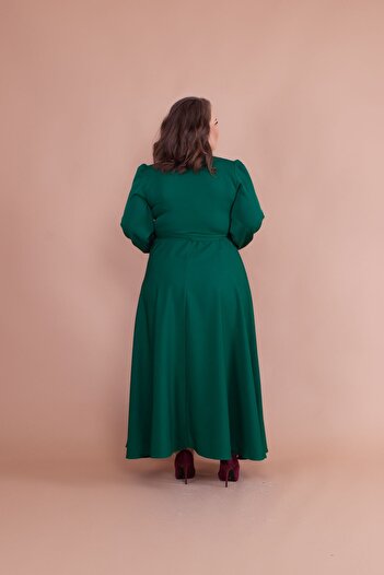vuvutasarım Women's Large Size Flexible Atlas Fabric Sash Detailed Double Breasted Collar Long Sleeve Green Evening Dress 110