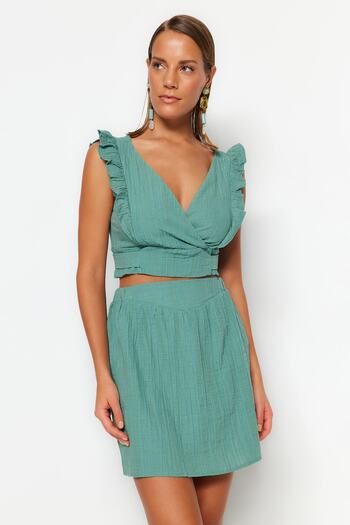 Trendyol Collection Khaki Woven Ruffle Blouse Skirt Set TBESS23AU00126