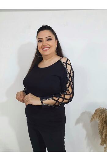 Melis Designer Plus Size Jewelled Blouse with Sleeves and Cross Piping