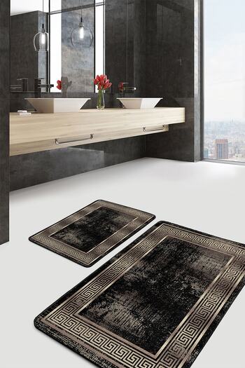 Realhomes Gold - Gold Geometric Avangarde 2-Piece Bathroom & Kitchen Mat Set with Framed Motifs on Black Floor
