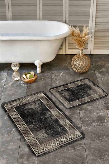 Realhomes Gold - Gold Geometric Avangarde 2-Piece Bathroom & Kitchen Mat Set with Framed Motifs on Black Floor