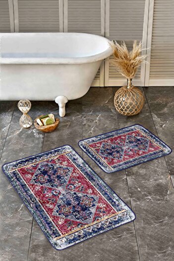 Realhomes Navy Blue Red Floor Belly Carpet Motif Antique Pattern Avangarde 2-Piece Bathroom & Kitchen Mat Set