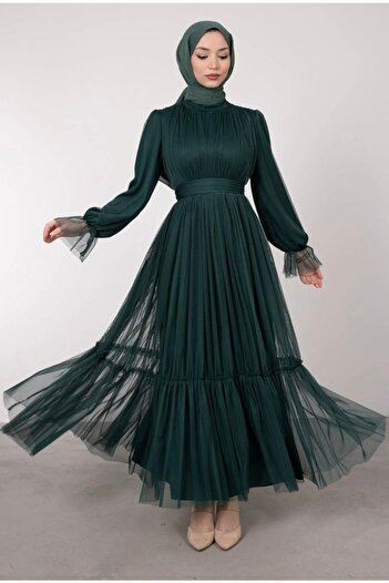 Modarana Boydan Tulle Layered Frilly Hijab Evening Dress