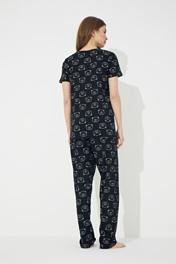Siyah İnci Siyah Ayıcık Desenli Kısa Kollu Pamuklu Pijama Takımı