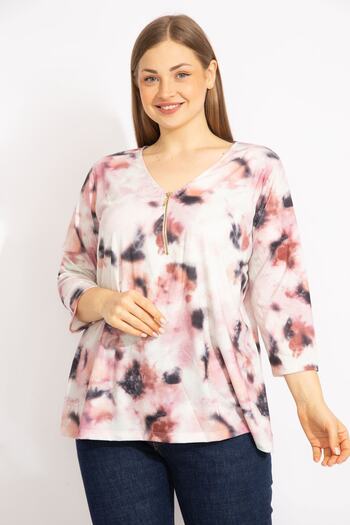 Şans Women's Colorful Plus Size Front Placket Zippered Capri Sleeve Tunic 65n35728
