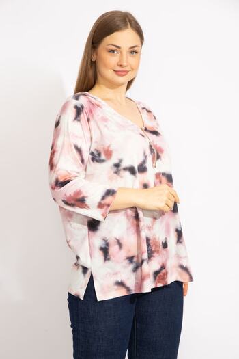 Şans Women's Colorful Plus Size Front Placket Zippered Capri Sleeve Tunic 65n35728
