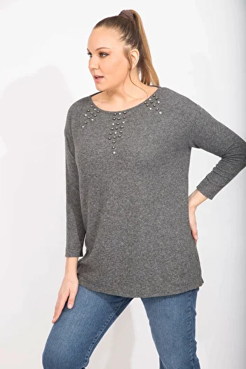 Şans Women's Smoked Plus Size Stone Detailed Wool Viscose Blouse 65n35738