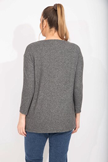 Şans Γυναικεία Smoked Plus Size Stone Μπλούζα με λεπτομέρεια μαλλί βισκόζης 65n35738
