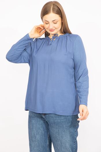 Şans Women's Indigo Plus Size Collar Detailed Blouse 65n35717