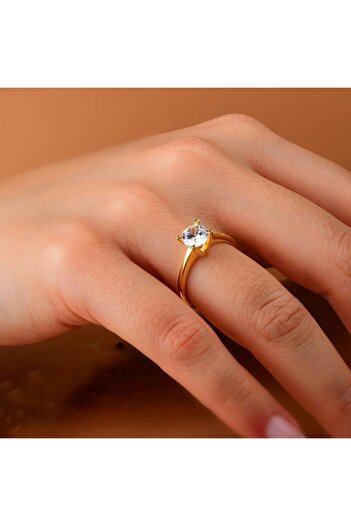 925KOLYE Klasik Gold Rengi Tektaş Modeli 925 Ayar Gümüş