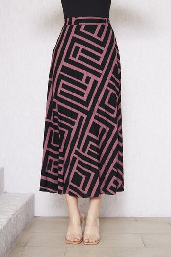 comstar Geometric Patterned Long Half Lining Skirt, Pleated Skirt, Patterned Summer Skirt, Crepe Skirt, Hijab Skirt