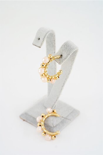 By Zeyna Aksesuar Women's Special Design Powder Pink Crystal Stone and Beaded 3 Cm Hoop Earrings