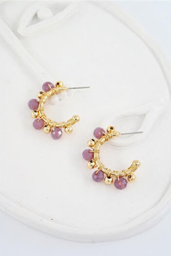 By Zeyna Aksesuar Women's Special Design Fuchsia Crystal Stone and Beaded 3 Cm Hoop Earrings