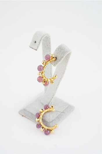 By Zeyna Aksesuar Women's Special Design Fuchsia Crystal Stone and Beaded 3 Cm Hoop Earrings