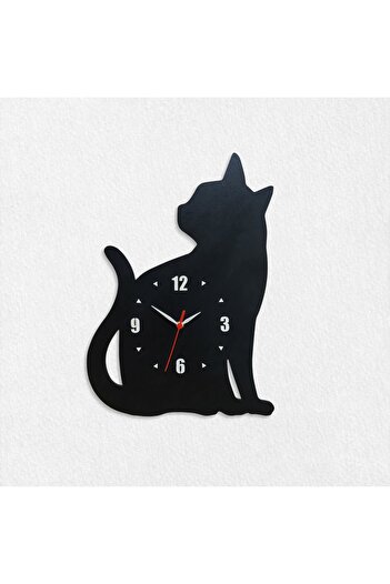 CajuArt Large Size Sitting Cat Wooden Black Wall Clock