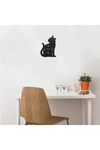 CajuArt Large Size Sitting Cat Wooden Black Wall Clock