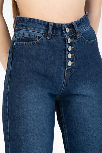 SHEVEGA Kadın Lacivert Düğme Paça Detaylı Flare Jean Bol Paça Kot Pantolon Wide Leg Jeans