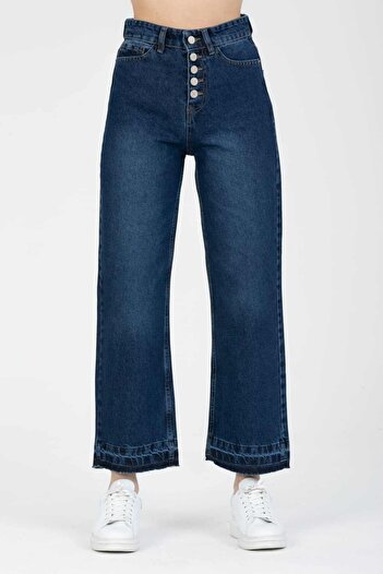 SHEVEGA Kadın Lacivert Düğme Paça Detaylı Flare Jean Bol Paça Kot Pantolon Wide Leg Jeans
