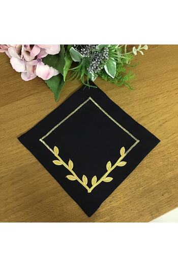 OYA home Under Coffee Presentation Napkin Set -6 Pieces - Black Background & Gold Crown Flower