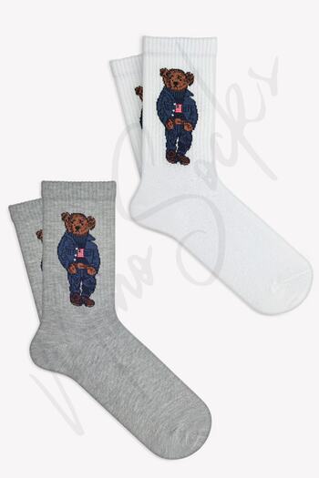 Mono Socks Pack of 2 Blue Teddy Bear Patterned Tennis Socks