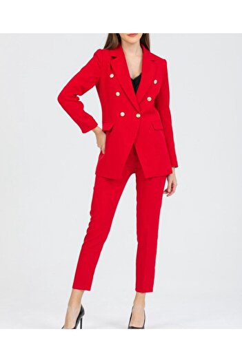 pembekurdelem Women's Blazer Jacket Belted Trousers Set Red