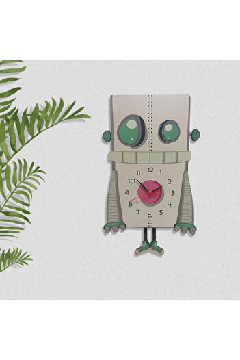 CajuArt Wooden Swinging Pendulum Robot Man Kids Room Wall Clock